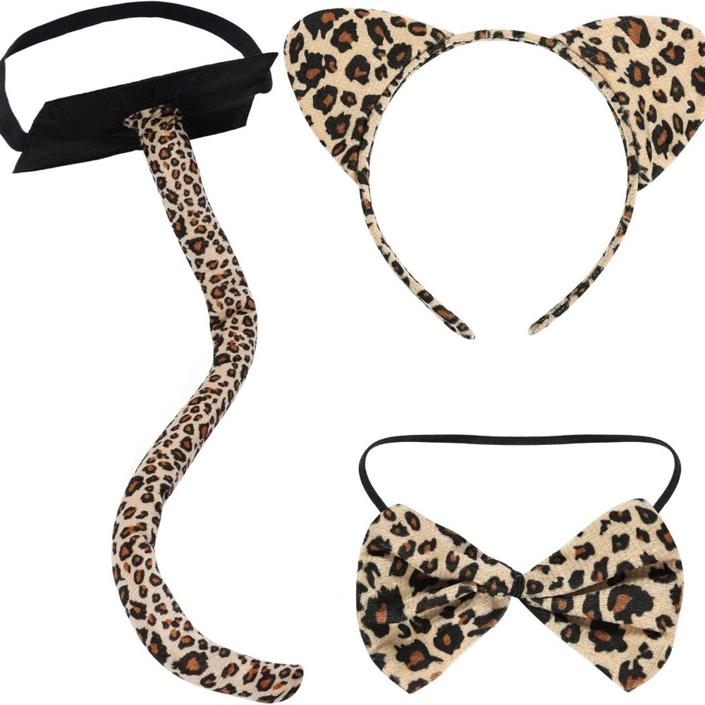 3 Pieces Leopard Cat Costume Set Cat Ears Headband Bowtie and Tail Set Fancy Ani